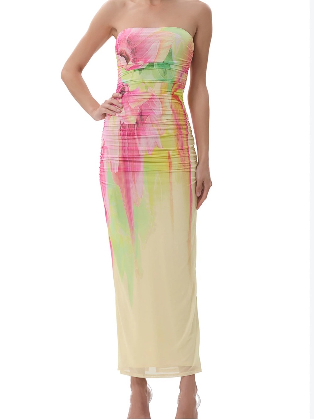 Anthropologie Strapless Watercolor Maxi Dress in Pink, Green & Cream